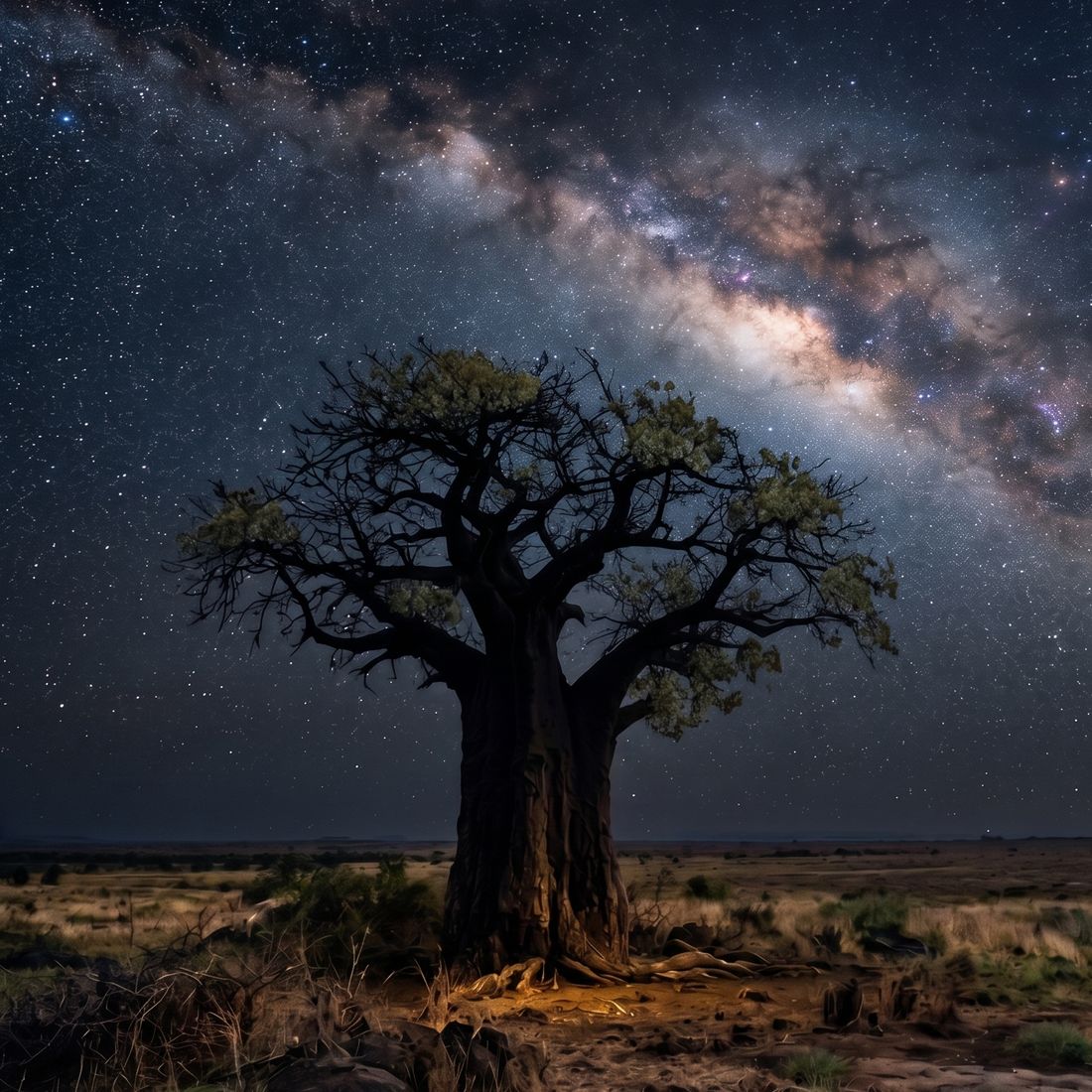 A baobab tree under the Milky Way at night